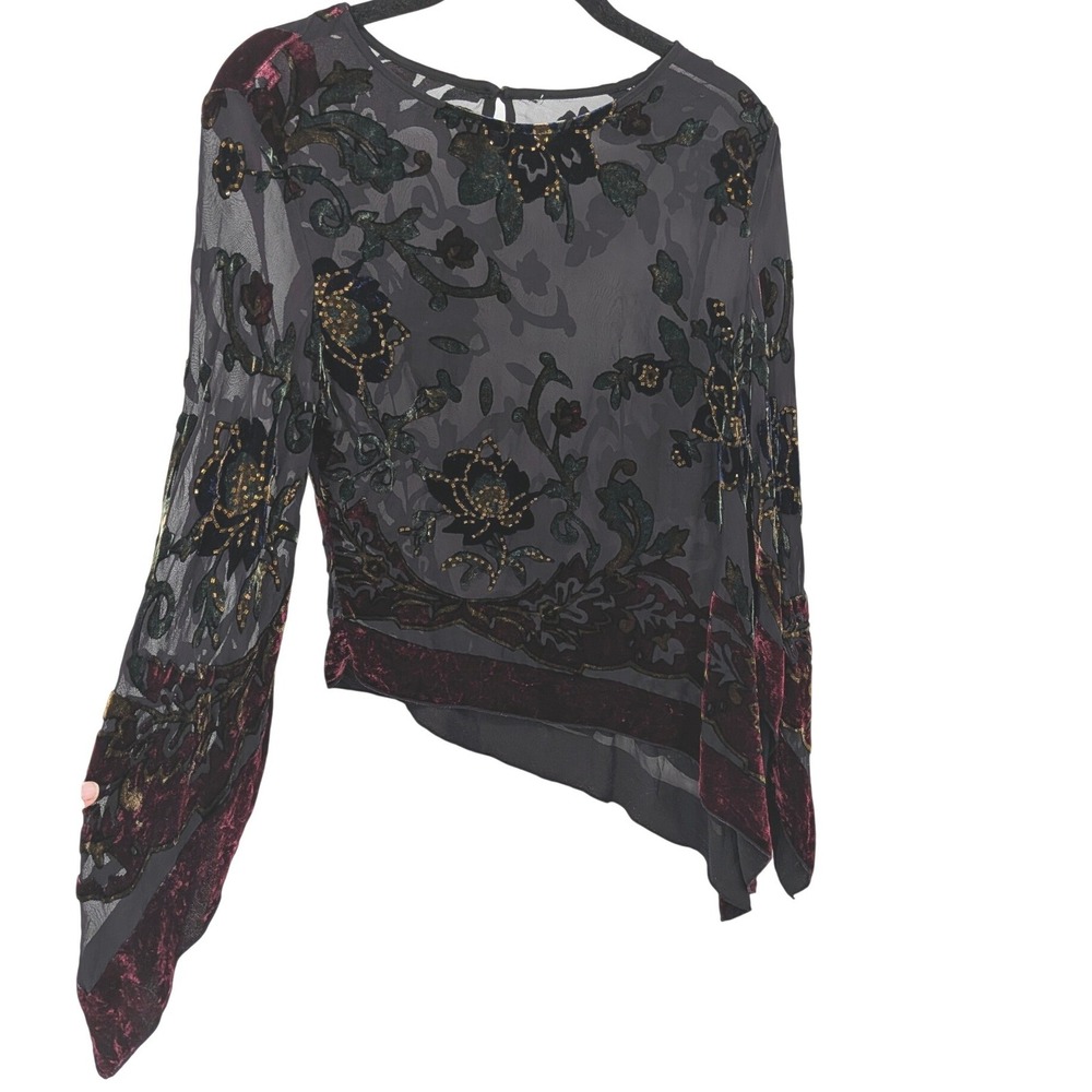 Whimsygoth Witchy Blouse Women Small Black Velvet Burnout Asymmetrical Sheer